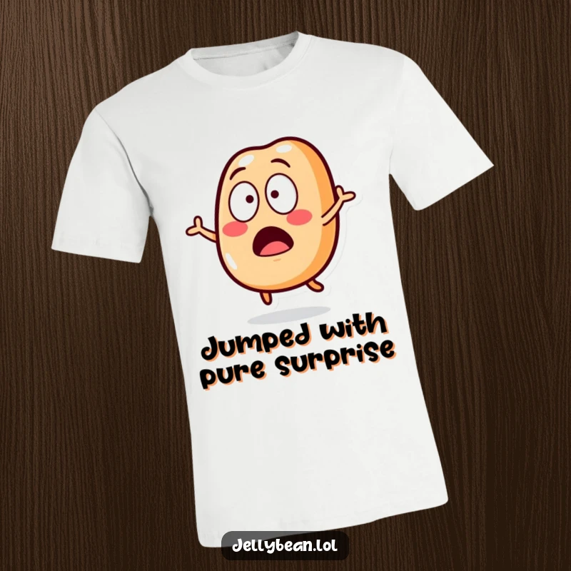 Funny T-Shirt with a jelly bean character leaping in surprise, wide-eyed and showcasing hilarious shock.
