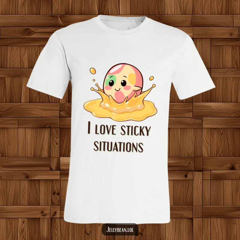 Funny T-Shirt: A jelly bean character playfully splashes in a sticky pool of syrup, capturing a moment of pure, sweet, messy delight.