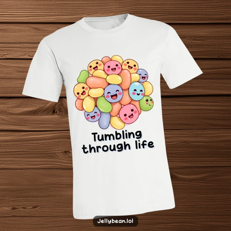 Funny tumbling jelly beans t-shirt depicting a cluster of jelly beans with joyful expressions, tumbling, embodying playful and sweet humor.