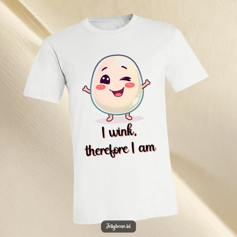 Funny t-shirt showcasing a mischievous jelly bean character winking slyly, perfect for expressing a playful and humorous personality.