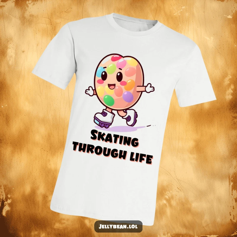 A funny jelly bean character wearing roller skates, captured in motion as they zoom playfully on a t-shirt.