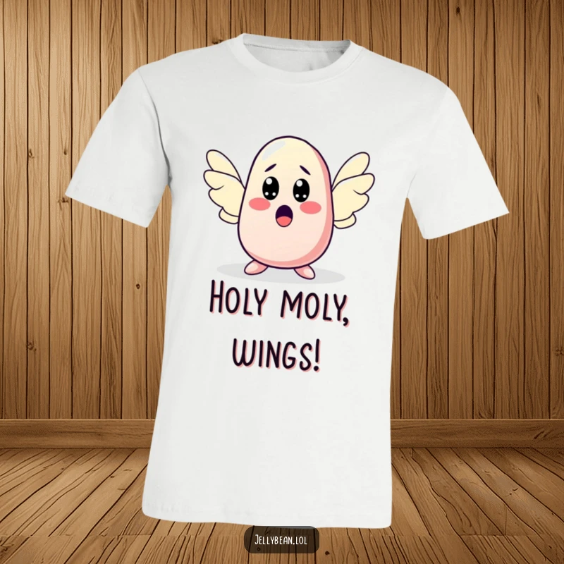 Funny t-shirt with a jelly bean character looking surprised as it sprouts wings, capturing a moment of sudden, humorous transformation. An excellent funny gift.