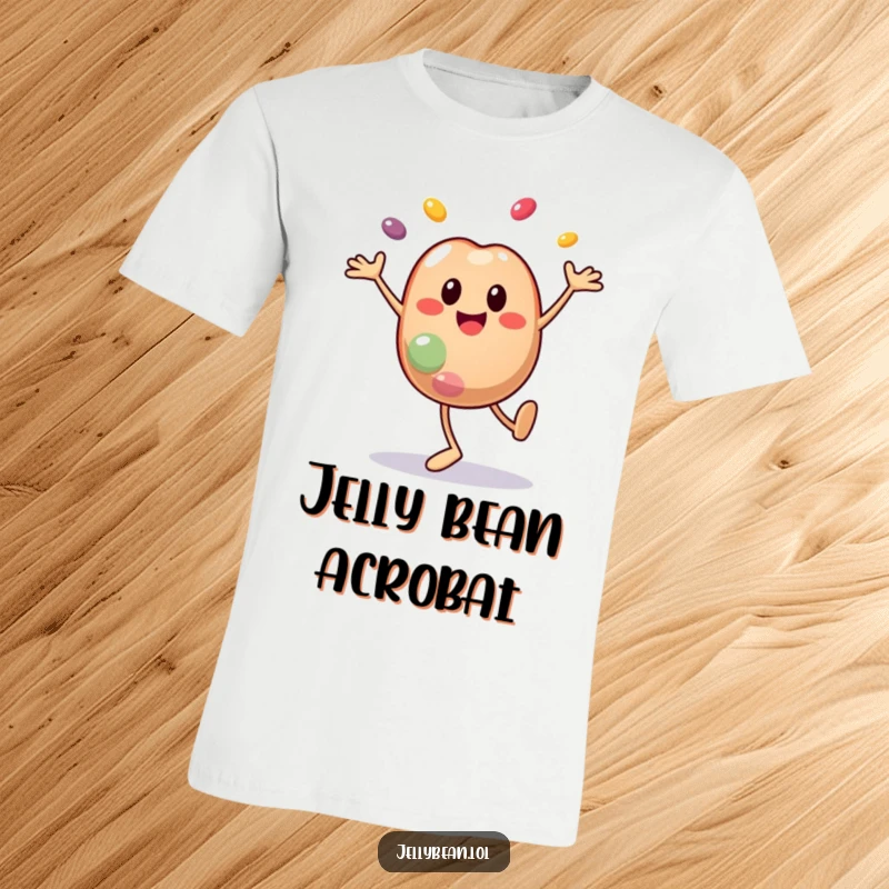 Funny t-shirt with a smiley jelly bean character doing a cartwheel with parts flying off, capturing dynamic, humorous energy. An excellent funny gift.
