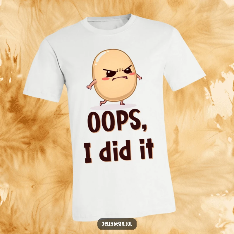 Funny tripping jelly bean t-shirt featuring a grumpy character cracking a mischievous grin as it stumbles comically.