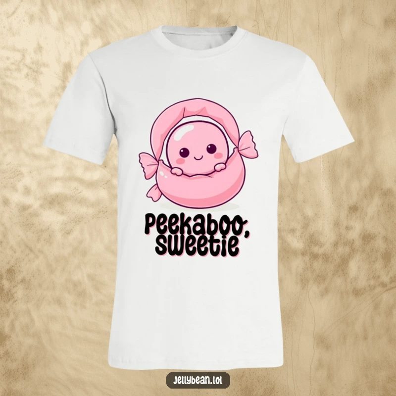 A funny jelly bean character peeking out from behind a comically large candy wrapper on a t-shirt, embodying sweet curiosity.