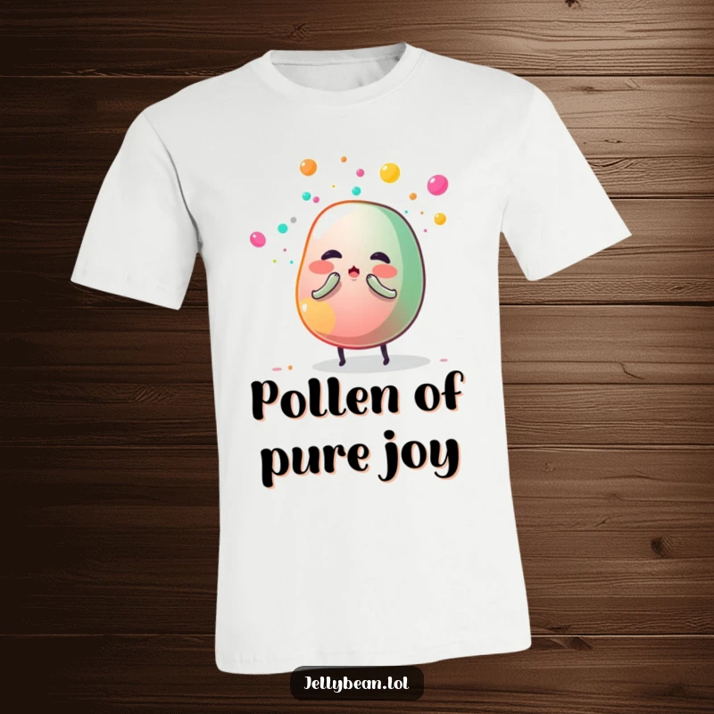 Funny T-shirt featuring an anthropomorphic jelly bean in the act of sneezing, creating a colorful explosion of sugar dust, a comical design.