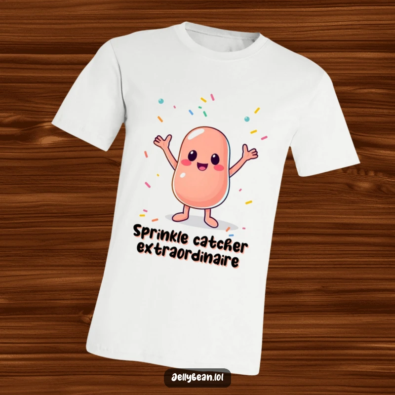 Funny T-shirt featuring a delighted anthropomorphic jelly bean with arms outstretched, catching a shower of vibrant sprinkles, perfect for laugh-out-loud moments.