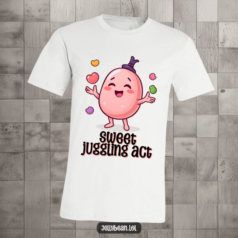 Funny t-shirt featuring a happy jelly bean character skillfully juggling colorful candies with a joyful and contented expression.