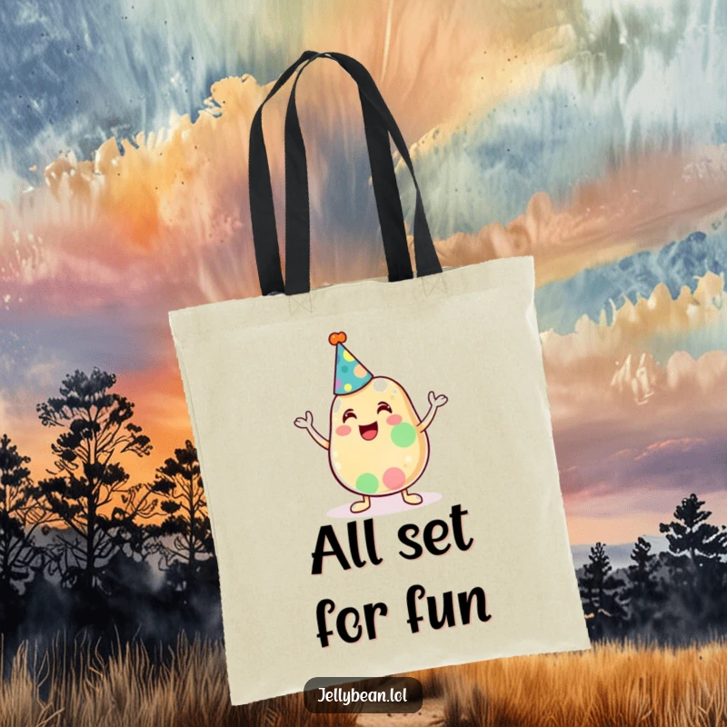 Funny tote bag with a cute anthropomorphic jelly bean character wearing a party hat and cheering, ready for any outing.
