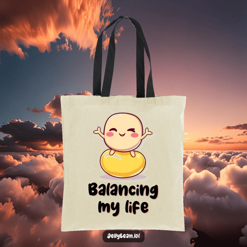 Funny tote bag featuring a winking jelly bean character that is balancing on another bean, perfect for everyday use.