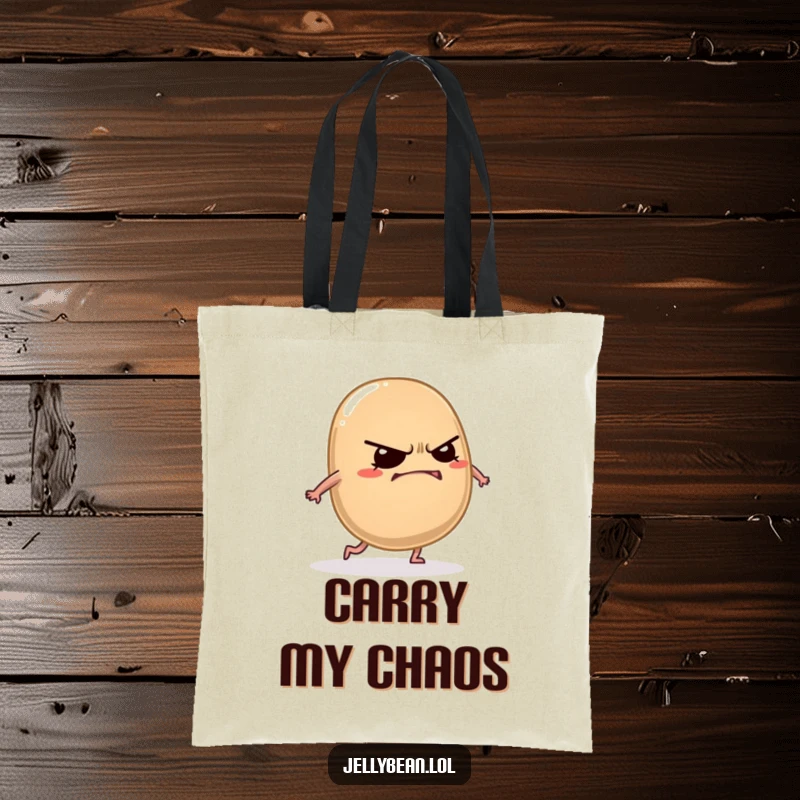 Funny tripping jelly bean tote bag featuring a grumpy character cracking a mischievous grin while stumbling comically.
