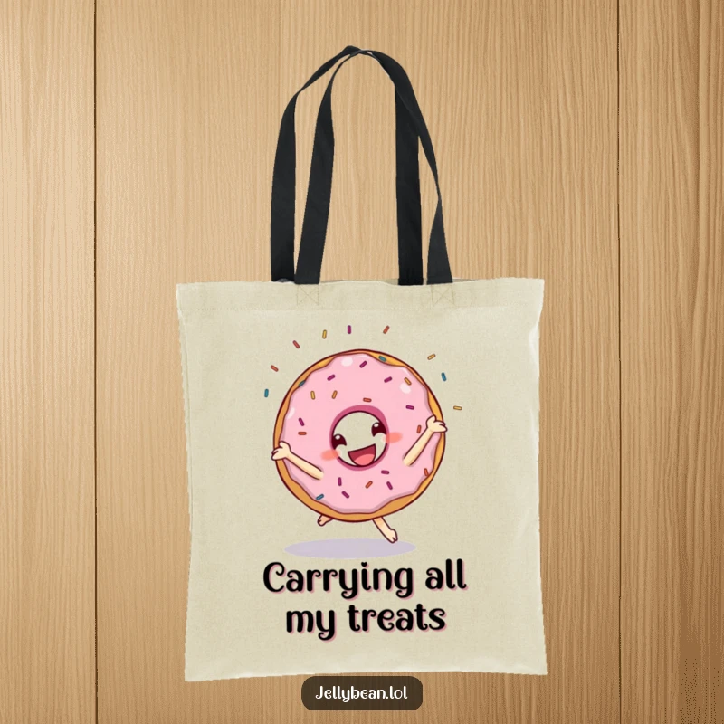 Funny tote bag featuring a grinning donut character performing a cartwheel with sprinkles flying, perfect for carrying essentials with sugary humor.