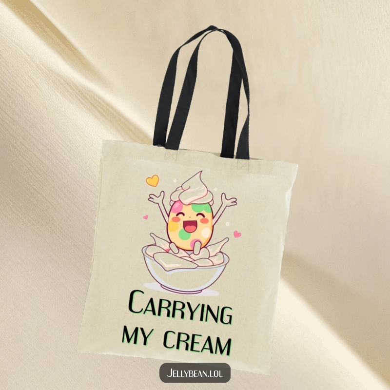 Funny tote bag with a jelly bean character leaping into whipped cream with delighted abandon, perfect for carrying goodies.