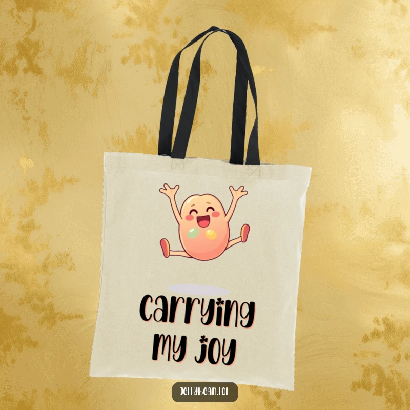 Funny Tote Bag: An anthropomorphic jelly bean character performs a cartwheel with abandon. Perfect for shoppers who love cute, funny, and energetic accessories.