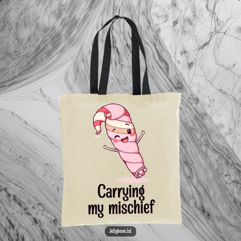 Funny tote bag showcasing a happy licorice whip character in a silly stunt, perfect for carrying daily items with flair.