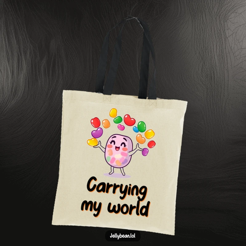 Funny jelly bean character juggling a variety of colorful jelly beans on a durable tote bag, ready for errands and smiles.