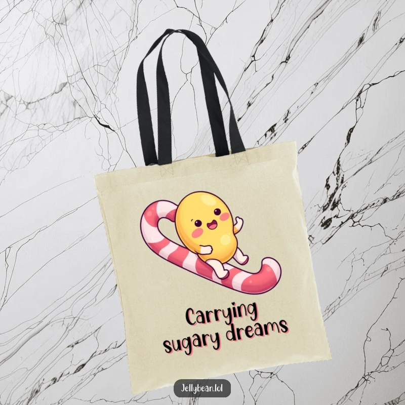 Funny Tote Bag with a jelly bean character joyfully riding a candy cane, perfect for carrying essentials sweetly.