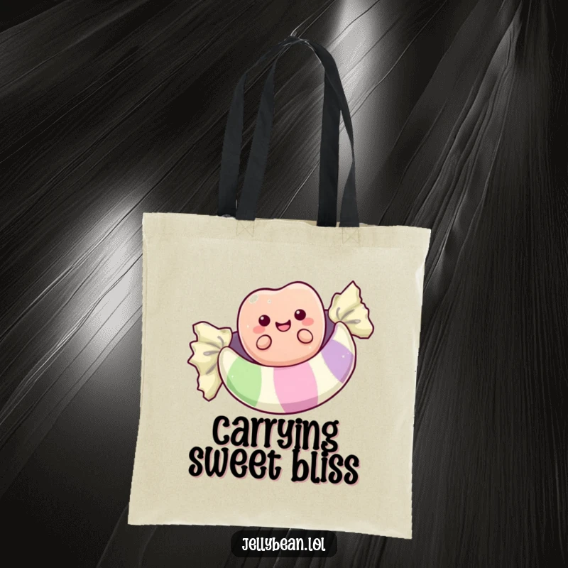 Funny tote bag showcasing a delighted anthropomorphic jelly bean floating on a massive candy wrapper, a sweet and humorous accessory.