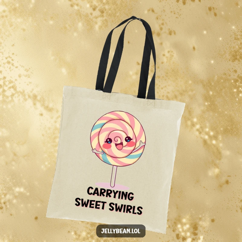 Funny Lollipop Tote Bag with a joyful character mid-spin, perfect for carrying treats and smiles with sweet flair.