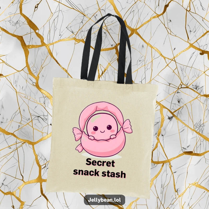 Funny jelly bean character peeking from behind a large candy wrapper on a tote bag, ready to hold your treasures.