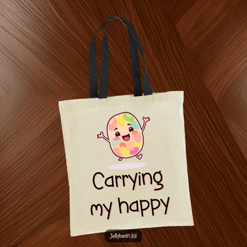 Funny Tote Bag: A happy jelly bean character dances energetically, perfect for carrying daily items with a fun vibe.