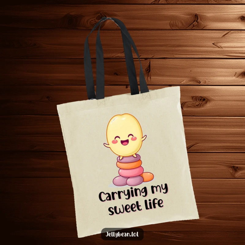 Funny tote bag displaying a grinning jelly bean character balancing atop a colorful stack of assorted candies, a practical and humorous accessory.