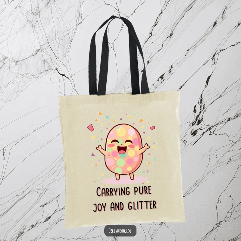 Funny tote bag featuring a wobbly jelly bean character laughing heartily amidst a delightful explosion of colorful confetti, perfect for happy errands.