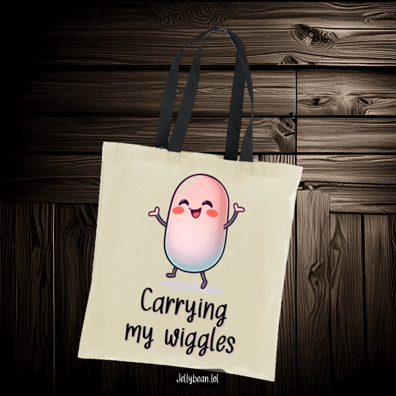 Funny tote bag with a jelly bean character doing a silly, joyful dance, its body wobbling energetically, perfect for everyday use.