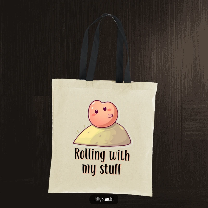 Funny Tote Bag: Giggling jelly bean character rolling down a hill, perfect for carrying everyday items.