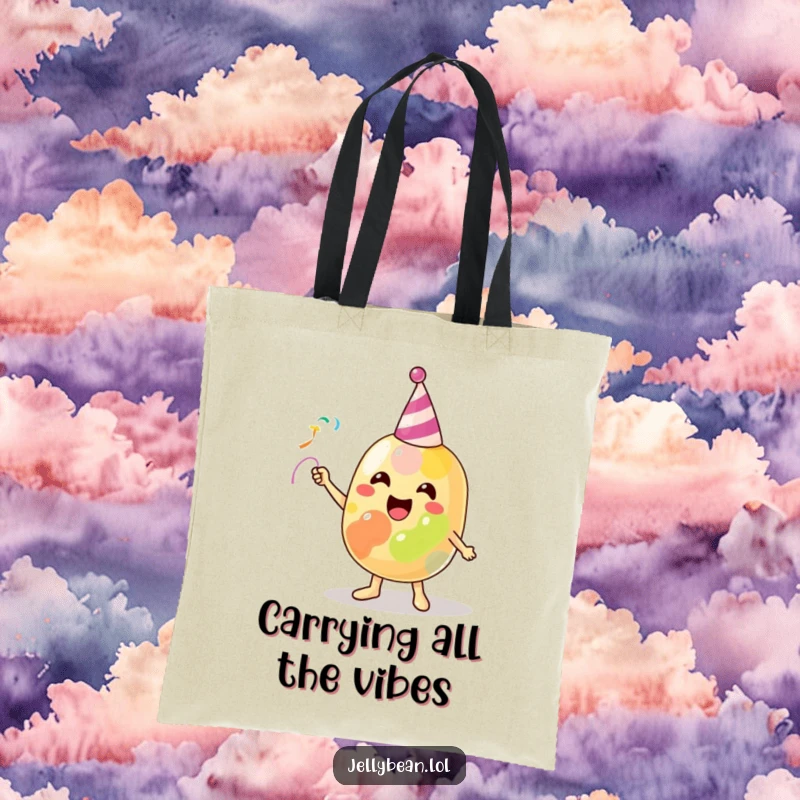 Funny Tote Bag featuring a beaming jelly bean character joyfully throwing a tiny party streamer, perfect for carrying essentials with flair.