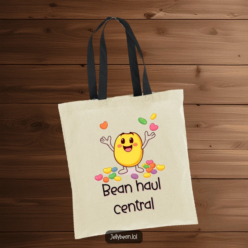 Funny tote bag with a smiley jelly bean character joyfully juggling smaller jelly beans, perfect for carrying items with vibrant, funny energy. Great funny gift.