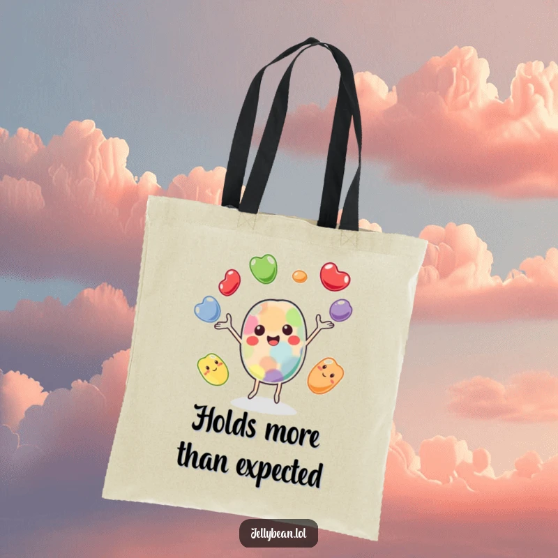 Funny tote bag featuring a cheerful jelly bean character juggling several colorful beans, ideal for carrying groceries or daily items with flair.