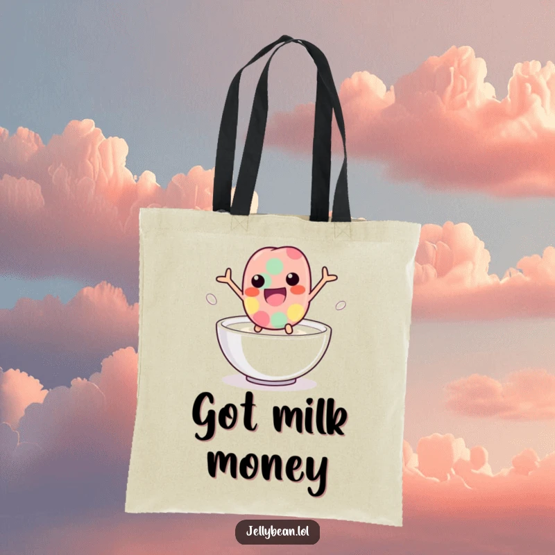 Funny jelly bean tote bag featuring a playful character leaping into milk, a humorous and practical accessory for carrying essentials, a great funny gift.