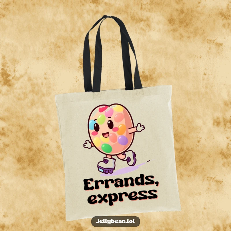 Funny jelly bean character wearing roller skates and zooming playfully on a durable tote bag, ready for errands.