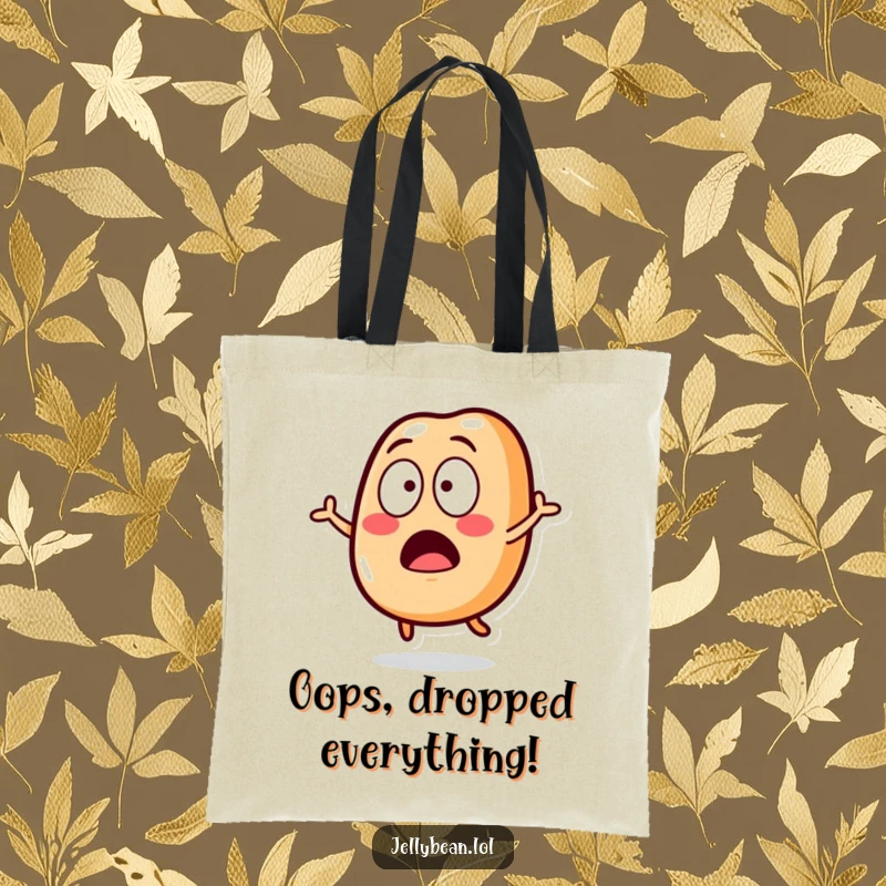Funny Tote Bag with a surprised jelly bean character mid-air, eyes wide, perfect for carrying daily items with humor.