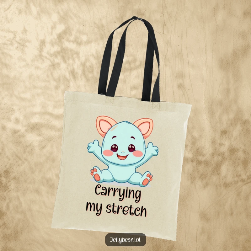 Funny tote bag showcasing a smiling taffy character in a playful stretch, perfect for carrying daily items with ease.