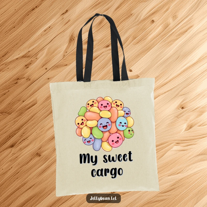 Funny tumbling jelly beans tote bag showing a cluster of jelly beans with joyful expressions, tumbling, perfect for carrying items with sweet humor.