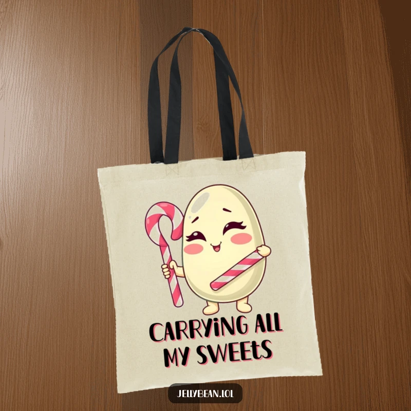 Funny Tote Bag: An anthropomorphic jelly bean character winks playfully, holding a candy cane cane, ideal for stylish, humorous everyday use.
