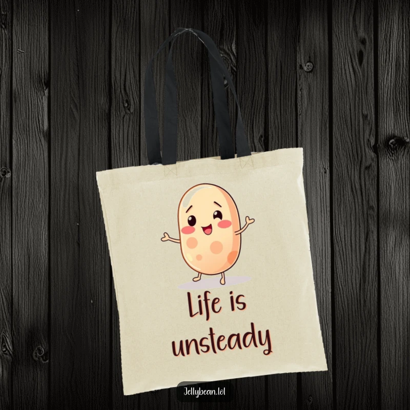 Funny jelly bean tote bag featuring a wobbly character trying to balance, a humorous and practical accessory for carrying essentials, a great funny gift.