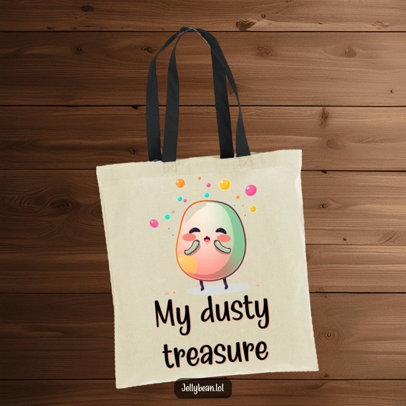 Funny tote bag featuring an anthropomorphic jelly bean sneezing a vibrant cloud of sugar dust, a humorous and practical accessory.