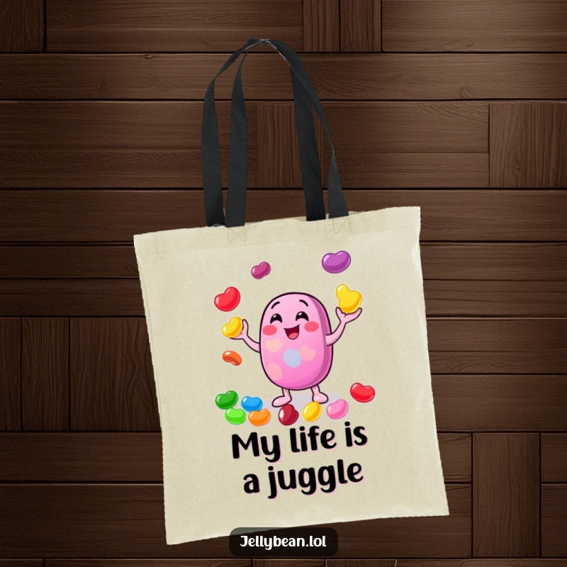 Funny tote bag showcasing a cheerful jelly bean character gleefully juggling various small, colorful jelly beans, perfect for a playful shopper.