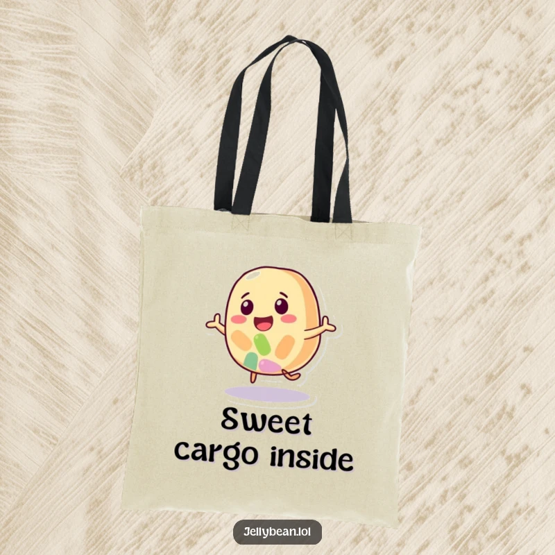 Funny tote bag showcasing a happy jelly bean character in a lively bounce, perfect for carrying daily essentials with flair.