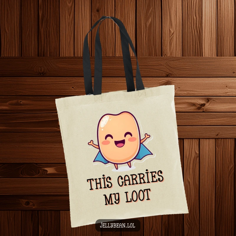 Funny jelly bean tote bag featuring a grinning jelly bean hero in a small cape, ideal funny gift accessory.